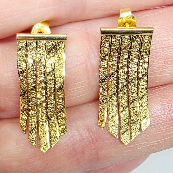 14k Yellow Gold Italy Jewelry - Vintage 14k Herringbone Chain Floral Pattern Chevron Dangle Italy Earrings